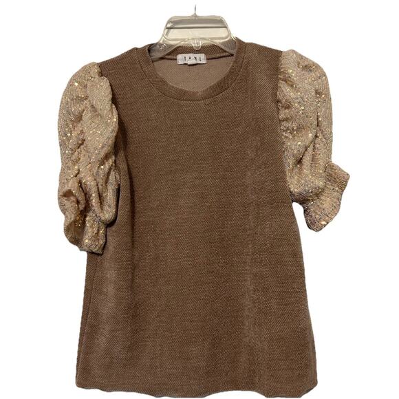 THML Tops - THML Brown Knit Top with Puff Gold Sparkle Sleeves